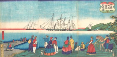 Illustration af en stor fransk havn, der handler med mange nationer Furansukoku oomi..., 4. måned, 1866. af Tsukioka Yoshitoshi