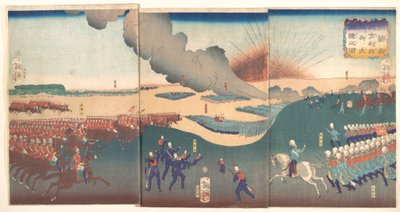 Manøvrer med tre kategorier af franske og engelske soldater (Furansu Igirisu sanhei ōchōren no zu) af Tsukioka Yoshitoshi