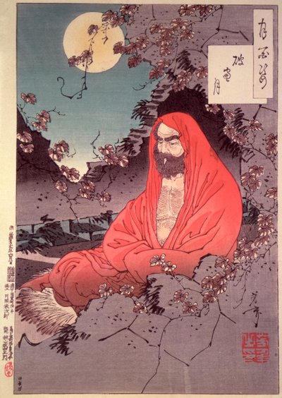 Meditation ved måneskin, (farvet træbloktryk) af Tsukioka Yoshitoshi