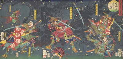 Plum Blossoms in the Forest of Ikuta, fra serien Bravery-Beauty of the four seasons ..., 1867. af Tsukioka Yoshitoshi