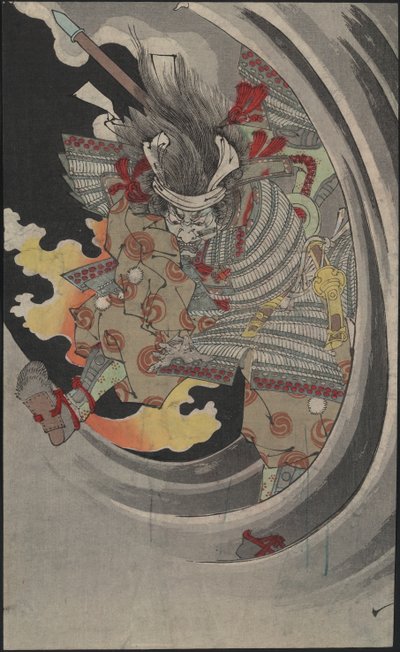 Generalen Taira no Tomomoris spøgelse, der styrter gennem bølgerne ved Nunobiki-vandfaldet, 1889. af Tsukioka Yoshitoshi