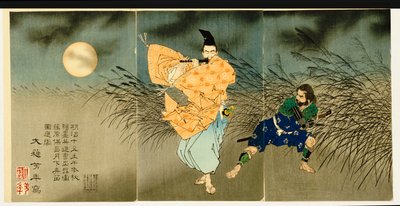 Triptykon af "Fujiwara No Yasumasa Playing the Flute by Moonlight", 1883 af Tsukioka Yoshitoshi