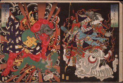Krieger auf Schädel; Kintoki überwältigt einen Dämon af Tsukioka Yoshitoshi