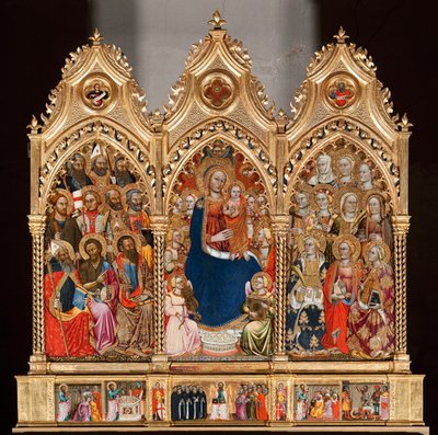 Predella med Saint Bartholomews liv, fra Jomfru og barn omgivet af engle og helgener (olie på panel af Turino Vanni