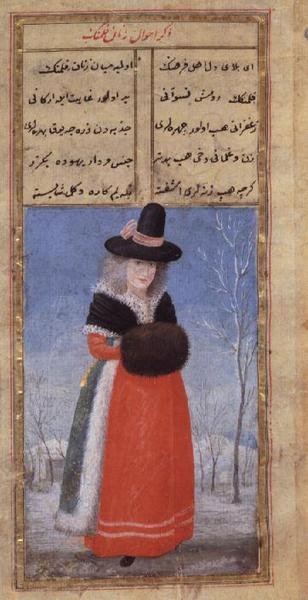 En hollandsk kvinde i vinterdragt af Fazil Husayn Andaruni, Or 7094 f.44, slutningen af 1700-tallet af Turkish School