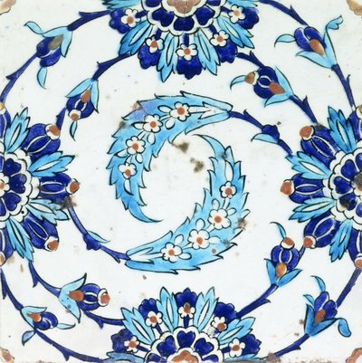 En Iznik keramikflise med et spiralformet blomstermotiv, tidligt i det 17. århundrede (keramik) af Turkish School