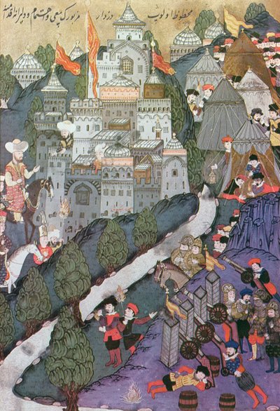 Slaget ved Nicopolis, 25.-28. september, 1396, faksimile af en miniature bevaret i Topkapi-museet i Istanbul af Turkish School