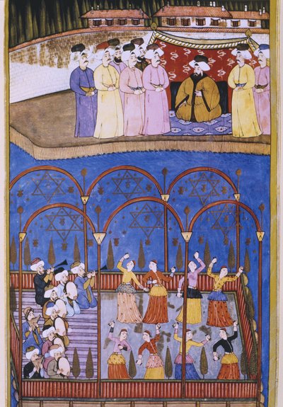 Dansere og musikere foran sultanen og hans hof, fra Sur-Nama af Turkish School