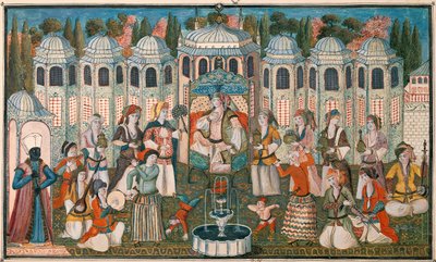 Fest for Valide Sultana med tilstedeværelse af Madame Girardin, den franske ambassadør (wc & gouache på papir) af Turkish School