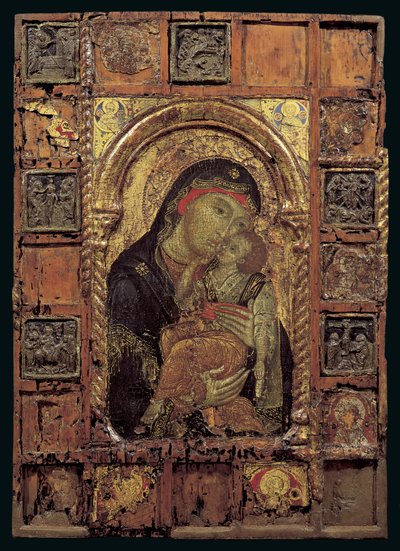 Icon of the Virgin of Tenderness (blandet medier på panel) af Turkish School