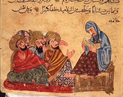Sokrates debatterer om filosofi med sine tilhængere, Tyrkiet, arabisk manuskript af Turkish School