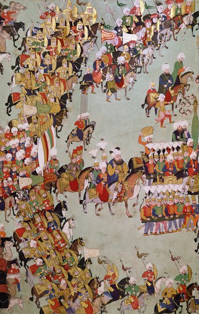 Erobringen af Eger, fra Egri Fetihnamesi (blæk, wc og bladguld på vellum) af Turkish School