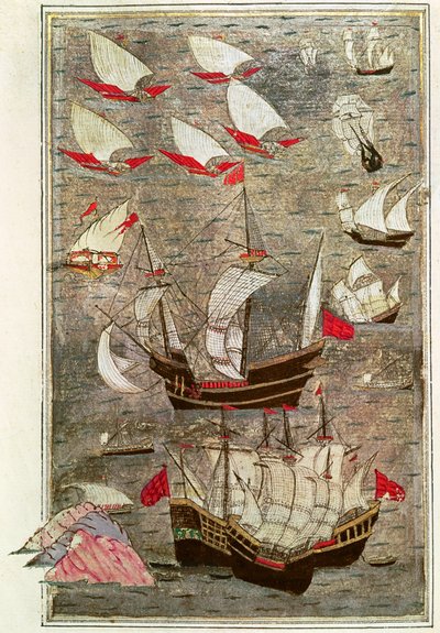 Den osmanniske flåde af Tarik-y Bayezid (blæk og bladguld på vellum) af Turkish School