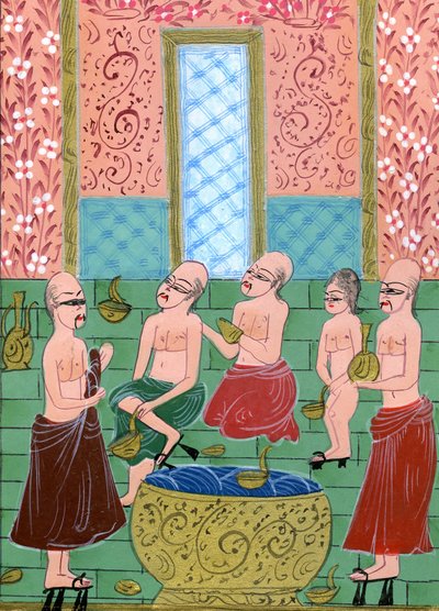 Se inde i en Hamam til mænd (akvarel og guldpulver på papir) af Turkish School