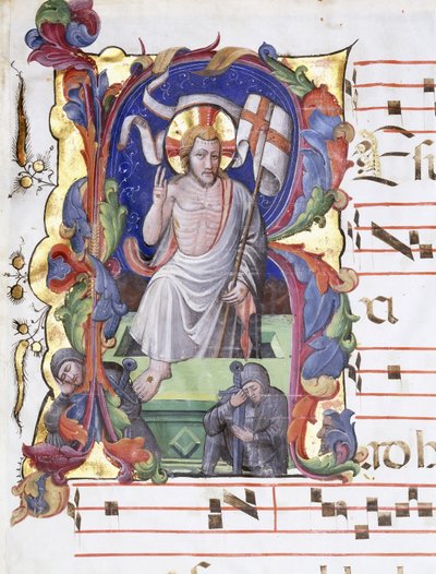 Meget stort historiebogstav "A", der viser opstandelsen, ca. 1400-1450 af Tuscan School