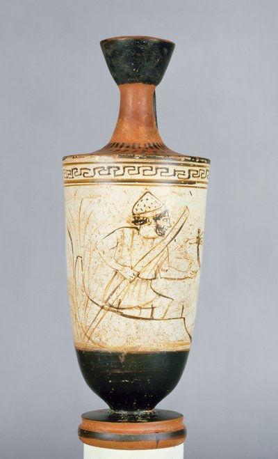 Attic white-ground lekythos dekoreret med Charon, underverdenens færgemand, der modtager sjælen fra en død person, fra Athen, ca. 475-425 f.Kr. (keramik) af Tymbos Painter