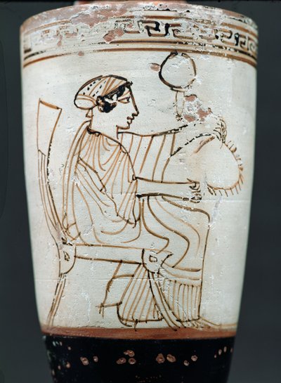 Attic white ground lekythos forestiller en kvinde flette en krans, ca. 475-420 f.Kr. (keramik) af Tymbos Painter