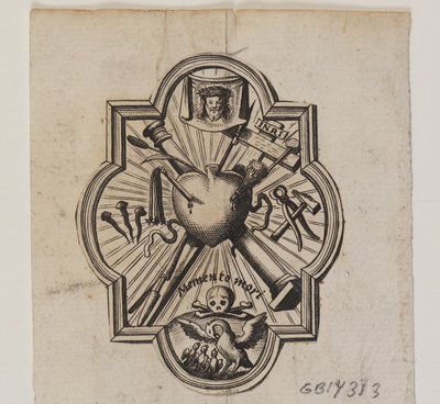 Emblem med et gennemboret hjerte og passionsredskaberne af Ubekendt