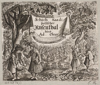 Frontispice til Adam Olearius, "Persisk Rosenthal af en genial digter Schich Saadi […]", Slesvig 1660 af Ubekendt