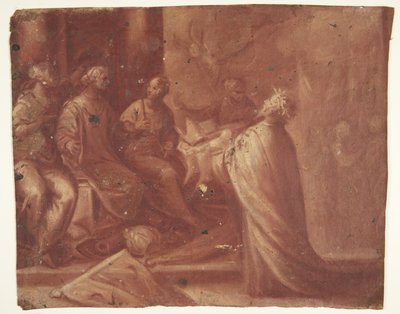 Jesus overrækker en mitre til en kvinde på en trone omgivet af to kvinder (allegori) af Ubekendt