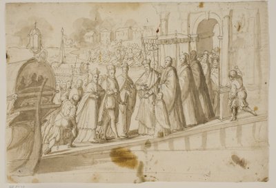 Kong Henrik III, Doge Alvise Mocenigo og kardinal San Sisto blev modtaget af den venetianske patriark Giovanni Trevisan ved Lido i Venedig af Ubekendt Ubekendt