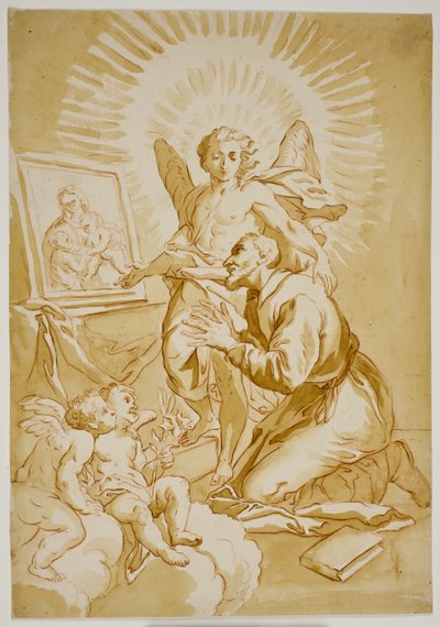 Den hellige Philip Neri tilbeder et maleri af Madonnaen vist for ham af en engel af Ubekendt Ubekendt