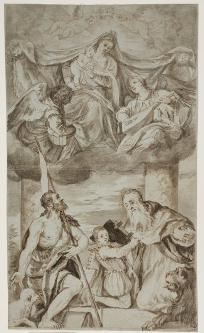 Jomfruen og barnet blandt engle i skyerne med Johannes Døberen og Hieronymus, efter Paolo Veroneses maleri tidligere i S. Francesco della Vigna, Venedig af Ubekendt Ubekendt