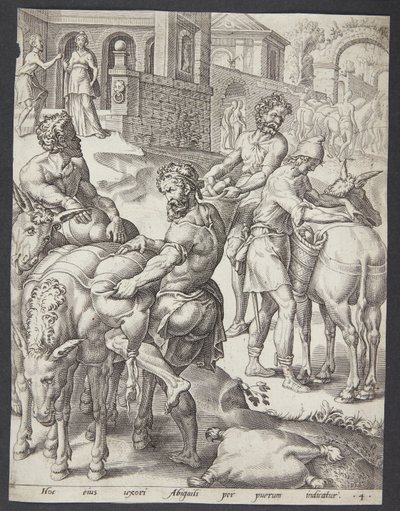 Abigails tjenere læssede æslerne med mad til David af Ubekendt efter Maarten van Heemskerck