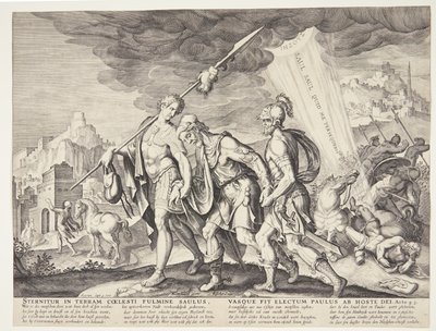 Den blinde Saul førte til Damaskus af Ubekendt efter Philips Galle efter forlæg af Maarten van Heemskerck