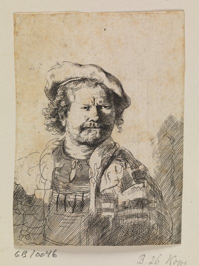 Rembrandt i flad kasket og broderet kjole af Ubekendt efter Rembrandt