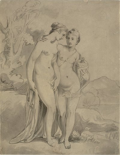 To nymfer i et landskab af Ubekendt engelsk kunstner 1820