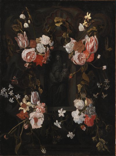 En stenkartouche med Jomfru Maria og Kristusbarnet i en niche omkranset af en blomsterkrans af Ubekendt flamsk 1600 tallet
