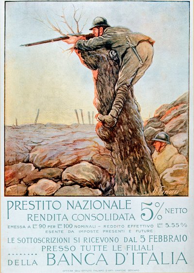 Første Verdenskrig: Italiensk plakat, der opfordrer til nationalt lån. Illustration af Ugo Finozzi (20. århundrede). 1914-1918 OBS! Brugen af dette værk kan være betinget af en anmodning om tilladelse til en tredjepart eller betaling af yderligere gebyrer af Ugo Finozzi