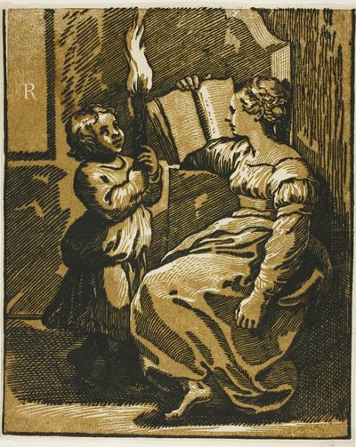 Sibyllen og et barn, der bærer en fakkel af Ugo da Carpi