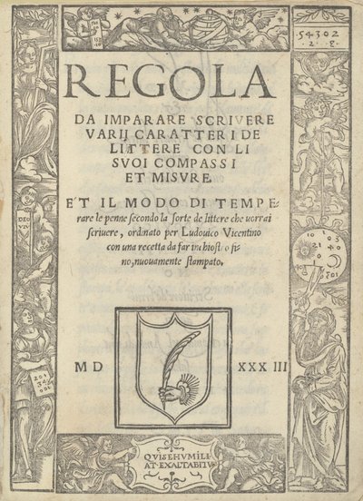Regl for at lære at skrive forskellige tegn af bogstaver med sine kompas og mål: og måden at temperere fjerene ... af Ugo da Carpi, Ludovico Arrighi