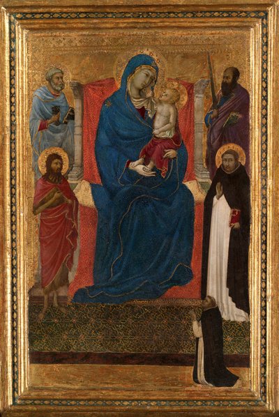 Jomfru og barn på tronen med de hellige Peter, Paulus, Johannes Døberen og Dominikus og en dominikaner... af Ugolino da Siena