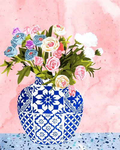 Blomster i en blå vase af Uma Gokhale