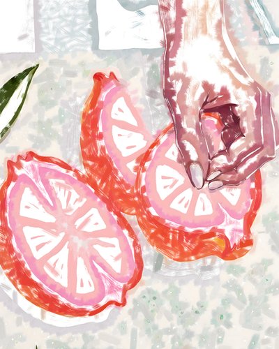 Hånd og lyserød citrus af Uma Gokhale