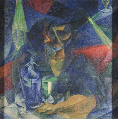Nedbrydning af kvindefigur ved bordet af Umberto Boccioni (1882-1916), olie på lærred, 86x86 cm, ca. 1912 af Umberto Boccioni