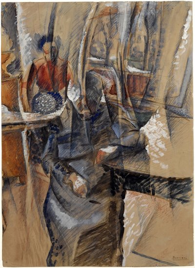 Interiør med to kvindefigurer par Boccioni, Umberto (1882-1916). Akvarel og tempera på papir, størrelse: 65,4x47,5 af Umberto Boccioni