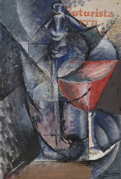 Still Life: Glass and Siphon, ca. 1914 (collage, gouache, pen og blæk) af Umberto Boccioni