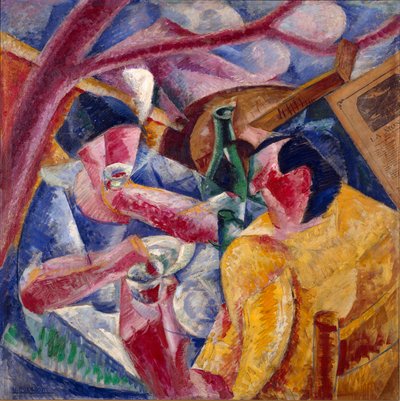 Under pergolaen, Napoli-maleri af Umberto Boccioni (1882-1916) 1914. Olie og collage på lærred. Svag. 83x83 cm Milano, Novecento-museet af Umberto Boccioni