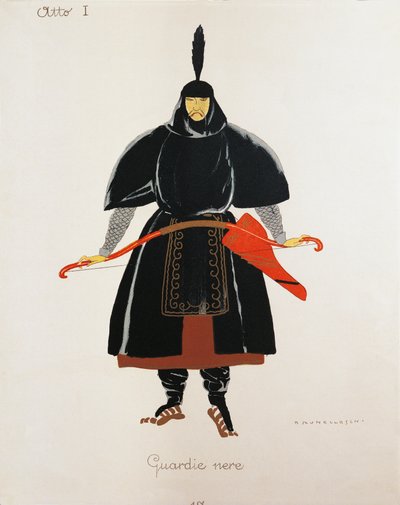 Kostume til de sorte vagter fra Turandot af Giacomo Puccini, skitse af Umberto Brunelleschi (1879-1949) til den første opførelse af operaen i Teatro alla Scala i Milano, 25. april af Umberto Brunelleschi