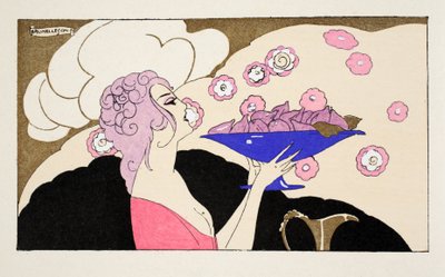 Kvinde holder en skål med figner (pochoir print) af Umberto Brunelleschi