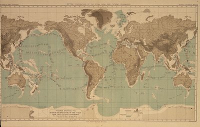 16 kort, der illustrerer havtemperaturer og 16 diagrammer, der illustrerer havtemperaturer på forskellige dybder, taget fra Reports of the Challenger cruise af Unbekannt