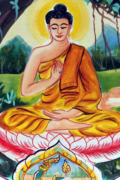 20151029, Vientiane, Laos: Wat Inpeng buddhisttempel. Maleri, der skildrer Shakyamuni Buddhas livshistorie. The Teaching Buddha skildrer et bestemt øjeblik i Buddhas liv, nemlig den første prædiken Buddha holdt efter at have nået oplysningen af Unbekannt