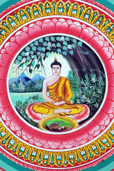 20151029, Vientiane, Laos: Wat Inpeng buddhisttempel. Maleri, der skildrer Shakyamuni Buddhas livshistorie. Buddha sidder i meditationsstilling af Unbekannt