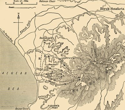 ANZAC fremrykning, Gallipoli halvøen, Første Verdenskrig, 1915, c1920. af Unbekannt