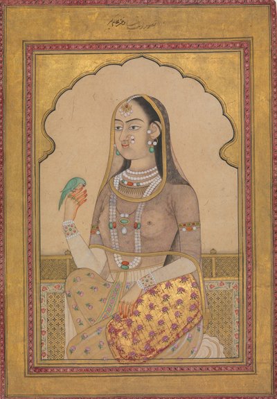 En Bejeweled Jomfru med en Parakit, ca. 1670-1700. af Unbekannt