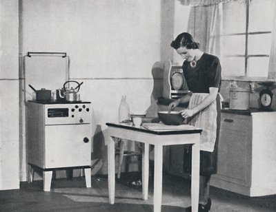 Et britisk køkken udstyret med et skabsgaskomfur, 1942. af Unbekannt